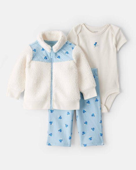 baby girl 3-piece floral sherpa long-sleeve bodysuit & pant set - blue