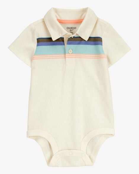 Product image 1 of Baby Striped Polo Short-Sleeve Bodysuit - Cream