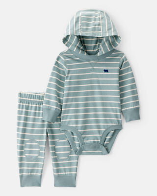 Product image 1 of Baby 2-Piece Striped Bear Hooded Bodysuit Pant Set - Green/White