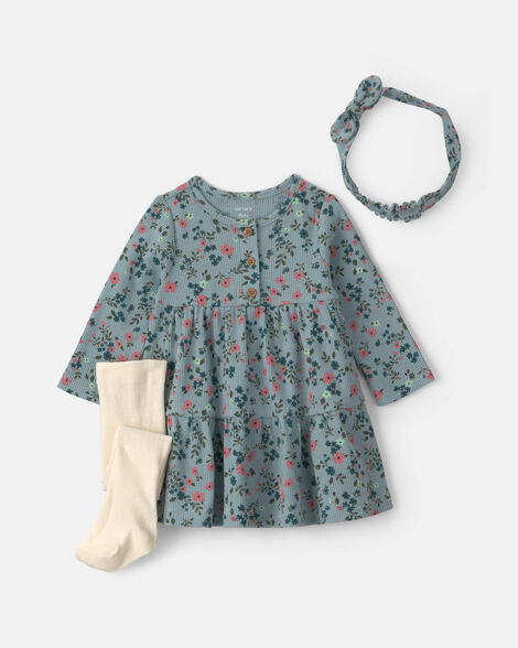 baby girl 3-piece floral thermal dress set - blue