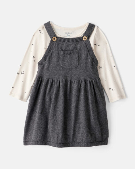 baby girl bow print cotton long-sleeve dress set - grey