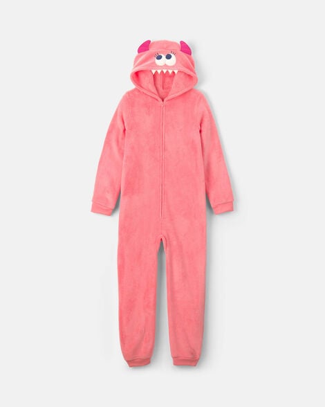 girls 1-piece monster halloween fleece pajama costume - coral