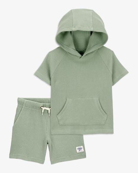 Product image 1 of Toddler 2-Piece Waffle Knit Hooded Pullover & Drawsting Shorts Set - Green