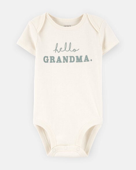 baby "hello grandma" announcement cotton short-sleeve graphic bodysuit - ivory
