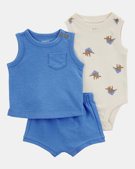 baby boy 3-piece dinosaur little short set - blue/ivory