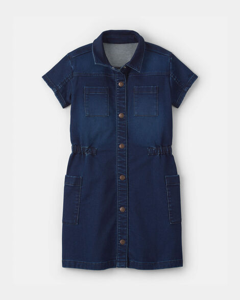 Girls Denim Button-Up Utility Dress - Dark Wash