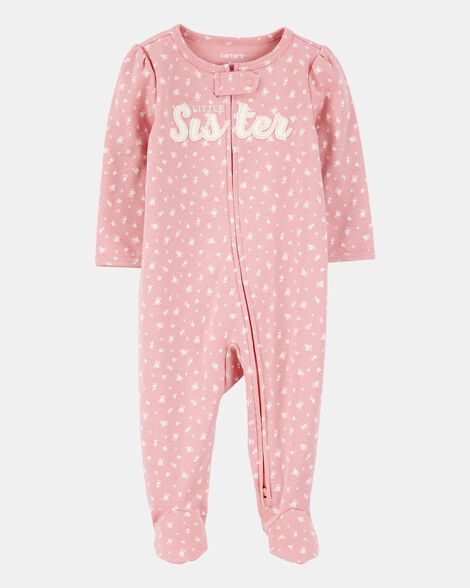 baby girl 'little sister' 2-way zip cotton sleep & play pajamas - pink