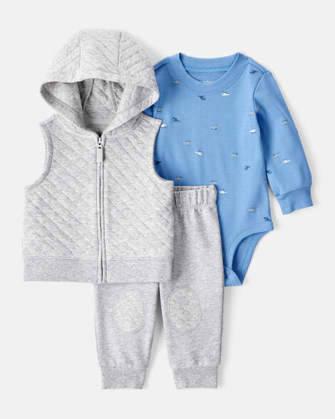 baby boy 3-piece helicopter print long-sleeve vest, bodysuit & pant set - grey