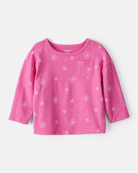 baby girl snowflake print long-sleeve pocket tee - pink