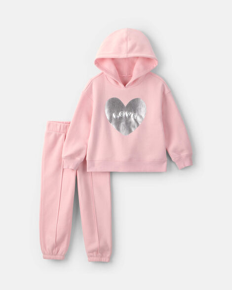 toddler girl 2-piece 'love' metallic heart hooded long-sleeve top & pant set - pink