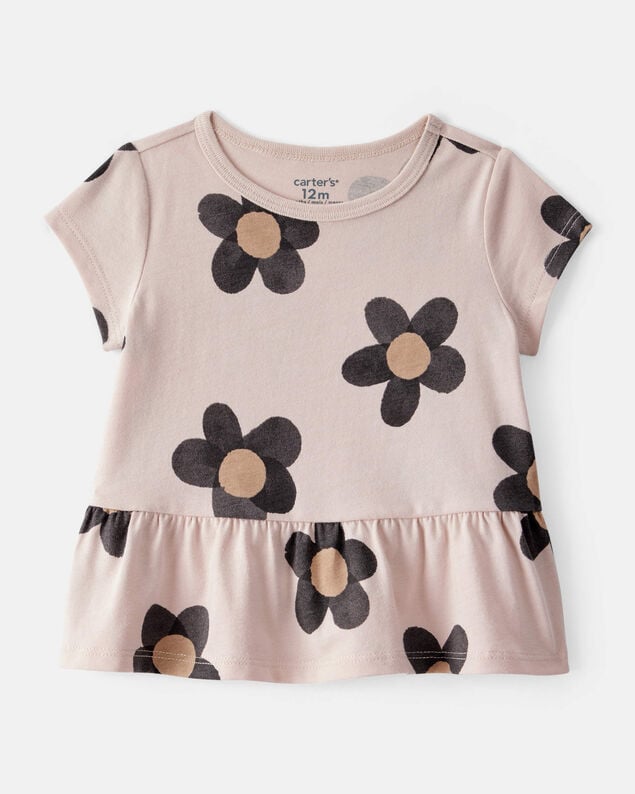 Product image 1 of Baby Girl Flower Print Short-Sleeve Peplum Top - Tan