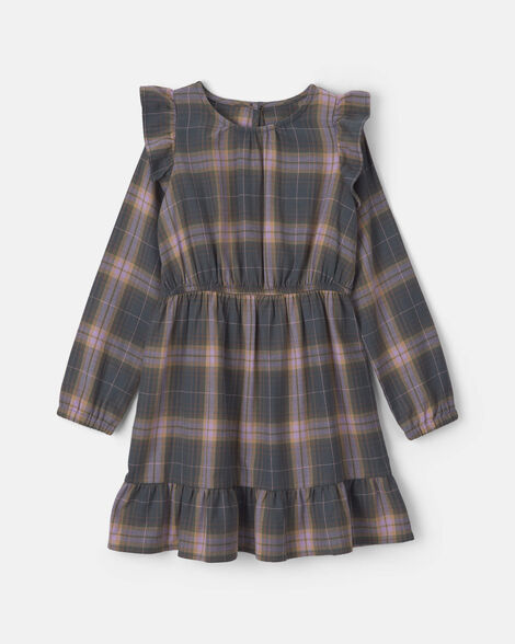 Girls Plaid Ruffle Long-Sleeve Dress - Grey/Pink