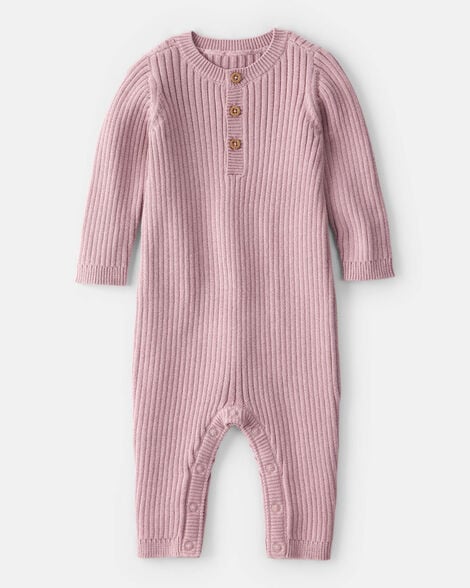 baby girl ribbed cotton jumpsuit - pink