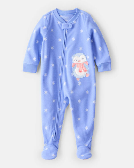 Product image 1 of Baby Girl Penguin Print Fleece Long-Sleeve Loose Fit 1-Piece Pajamas - Blue
