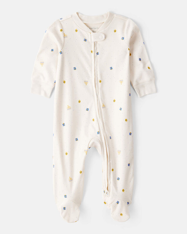 Product image 1 of Baby Hanukkah Microprint 100% Cotton Sleep & Play Pajamas - Cream