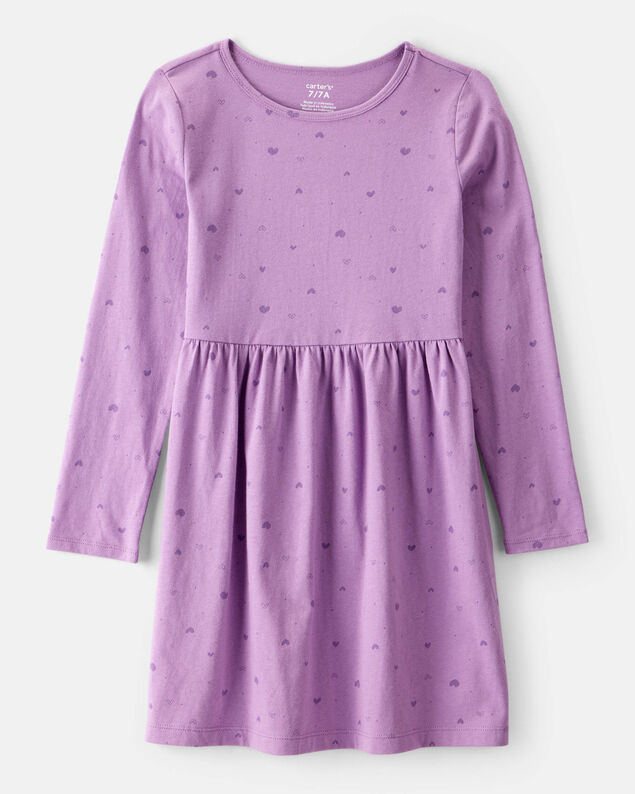 Product image 1 of Girls Heart Print Long Sleeve Cotton Dress - Purple