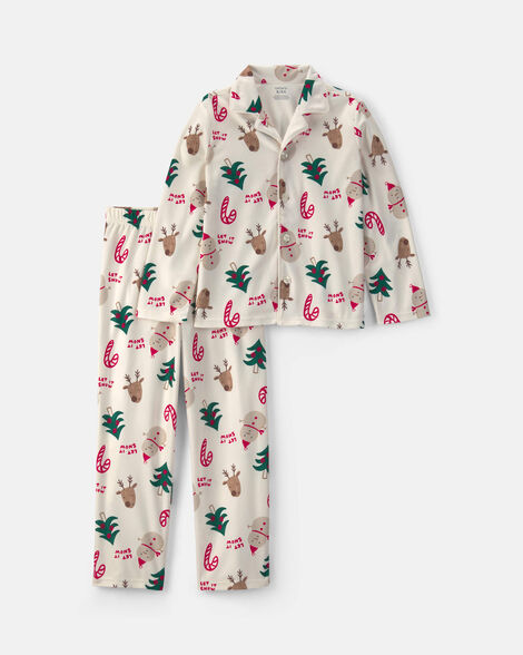 kids 2-piece christmas icon fleece loose fit pajama set - cream