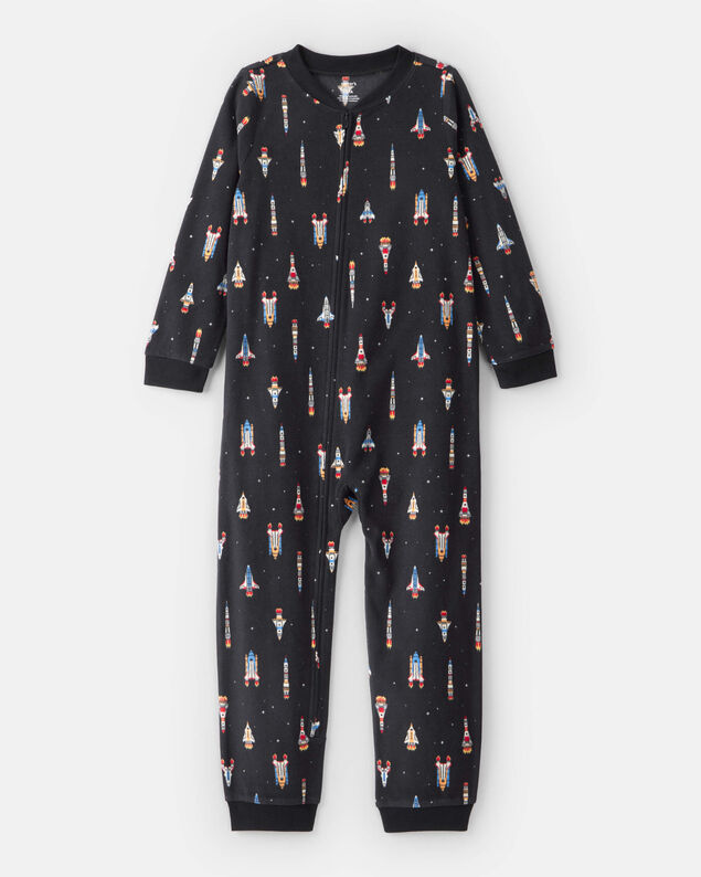Product image 1 of Boys Rocket Ship Print Fleece Long-Sleeve Loose Fit 1-Piece Pajamas - Black