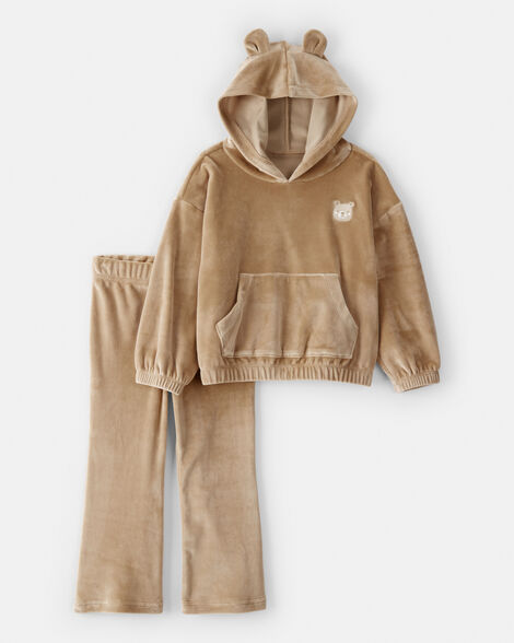 toddler girl bear velour hoodie & pant set - brown