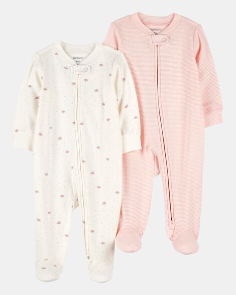 baby girl 2-pack 2-way zip cotton sleep & play pajamas - white/pink