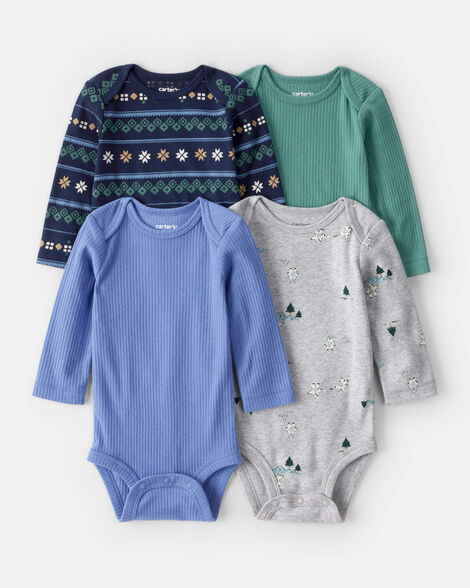 baby boy 4-pack fair isle long-sleeve multipack bodysuits - blue/navy/green