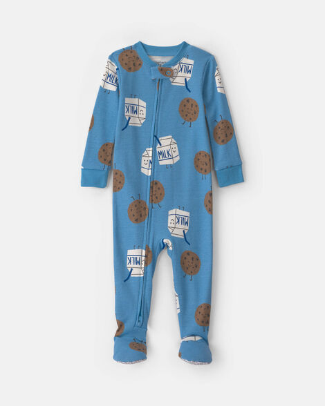 baby boy 1-piece milk & cookies 2-way zip 100% cotton snug fit footed pajama - blue