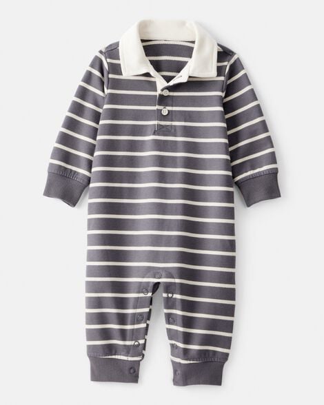 baby boy striped cotton long-sleeve polo jumpsuit - grey/ivory