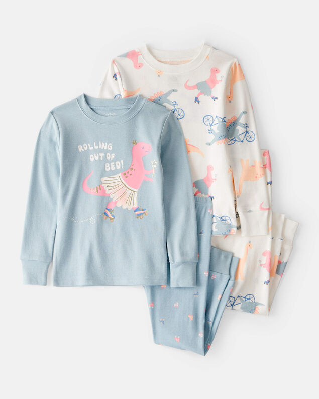 Product image 1 of Toddler Girl Dinosaur Print 100% Cotton Long-Sleeve 4-Piece Pajamas - Blue/White