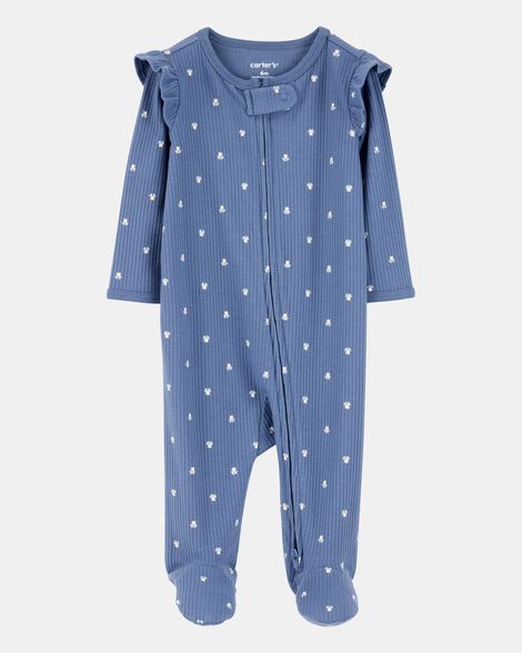 baby girl mini floral 2-way zip ribbed sleep & play pajamas - blue