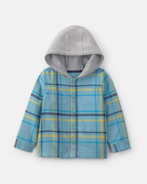 toddler boy plaid flannel hooded button-down shirt - blue/yellow/grey