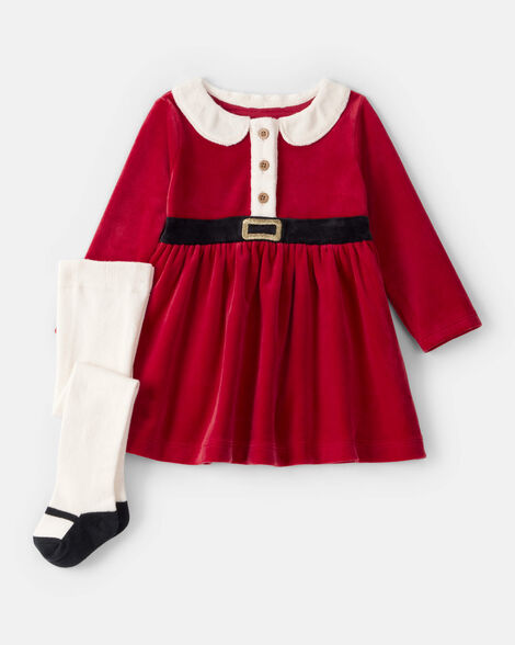 baby girl 2-piece santa christmas holiday sweater dress & tights set - red