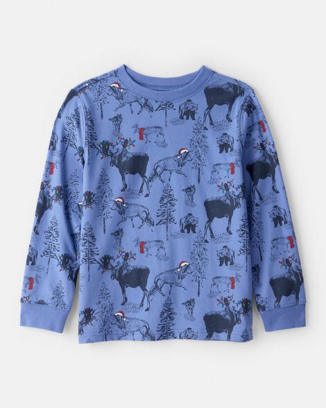 boys reindeer print long-sleeve graphic tee - blue