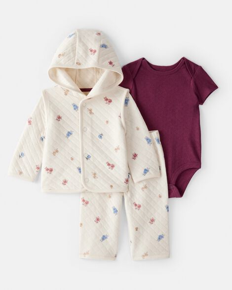 baby girl 3-piece floral quilted jacket outfit set - maroon/cream