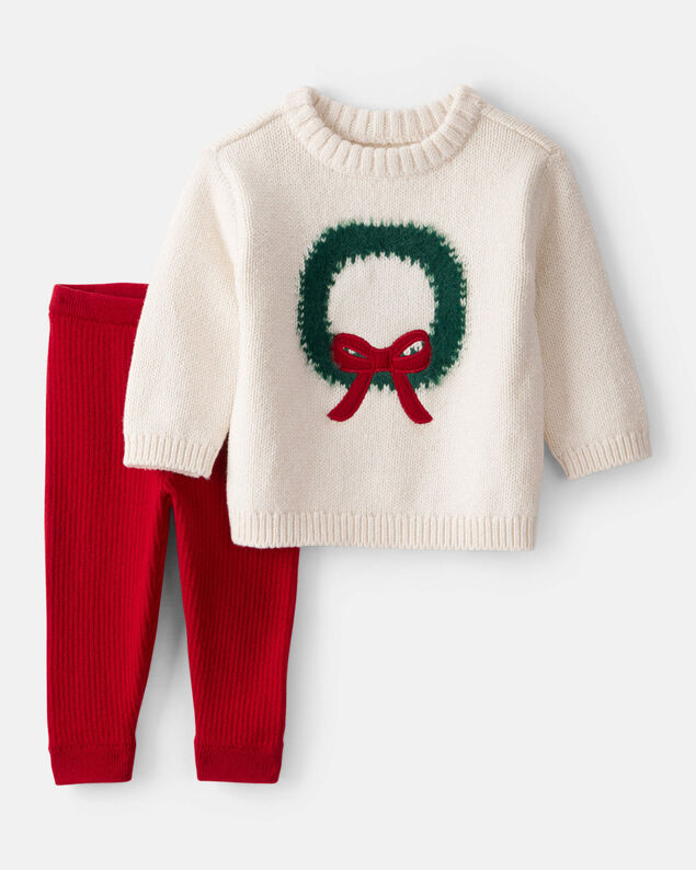 Product image 1 of Baby Girl 2-Piece Wreath Long-Sleeve Sweater & Pant Set - White/Red