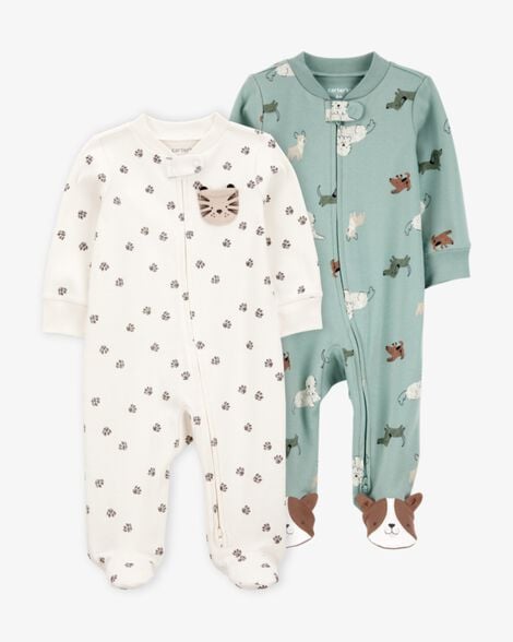 Product image 1 of Baby 2-Pack Cotton 2-Way Zip Sleep & Play Pajamas - Green/Ivory
