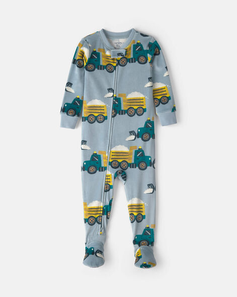 toddler boy 1-piece snow trucks dreamplush snug fit footed pajama - blue