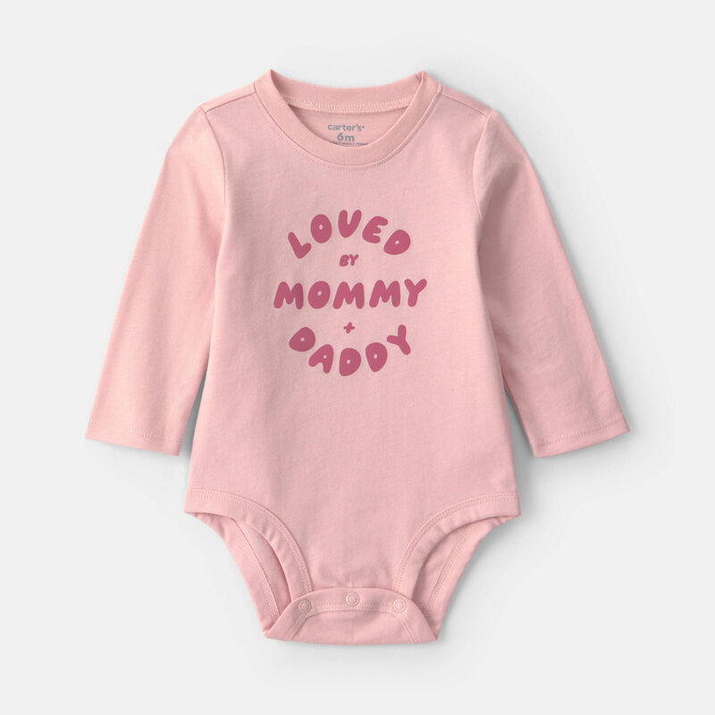Baby Girl 'Loved By Mommy & Daddy' Long-Sleeve Graphic Bodysuit - Light Pink