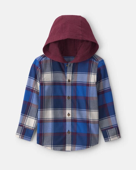toddler boy plaid long-sleeve button-down hooded shirt - blue/burgundy