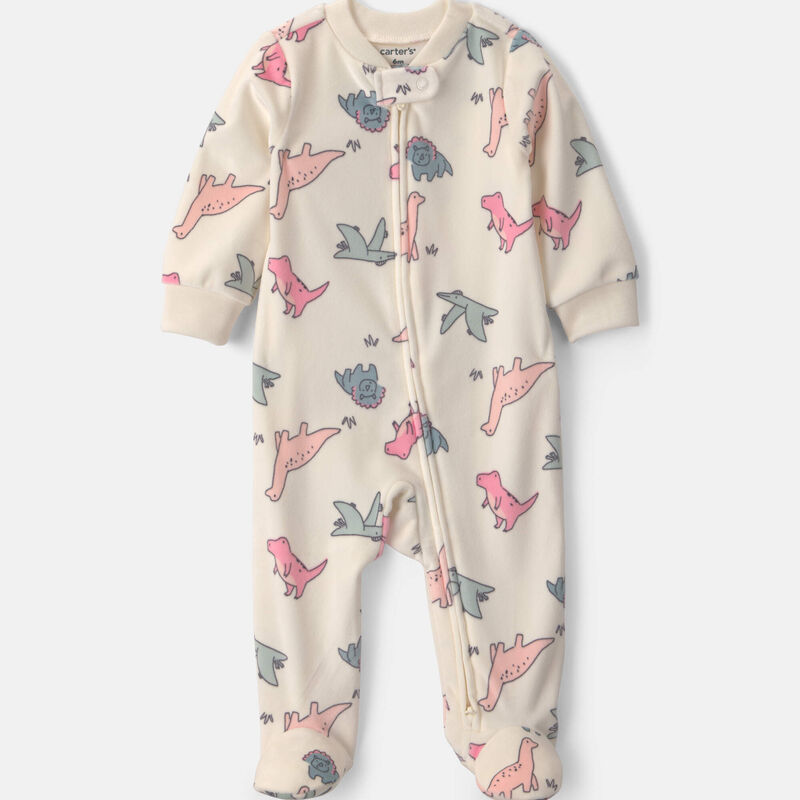 Baby Girl Dinosaur Fleece 2-Way Zip DreamPlush Sleep & Play Pajamas - Cream