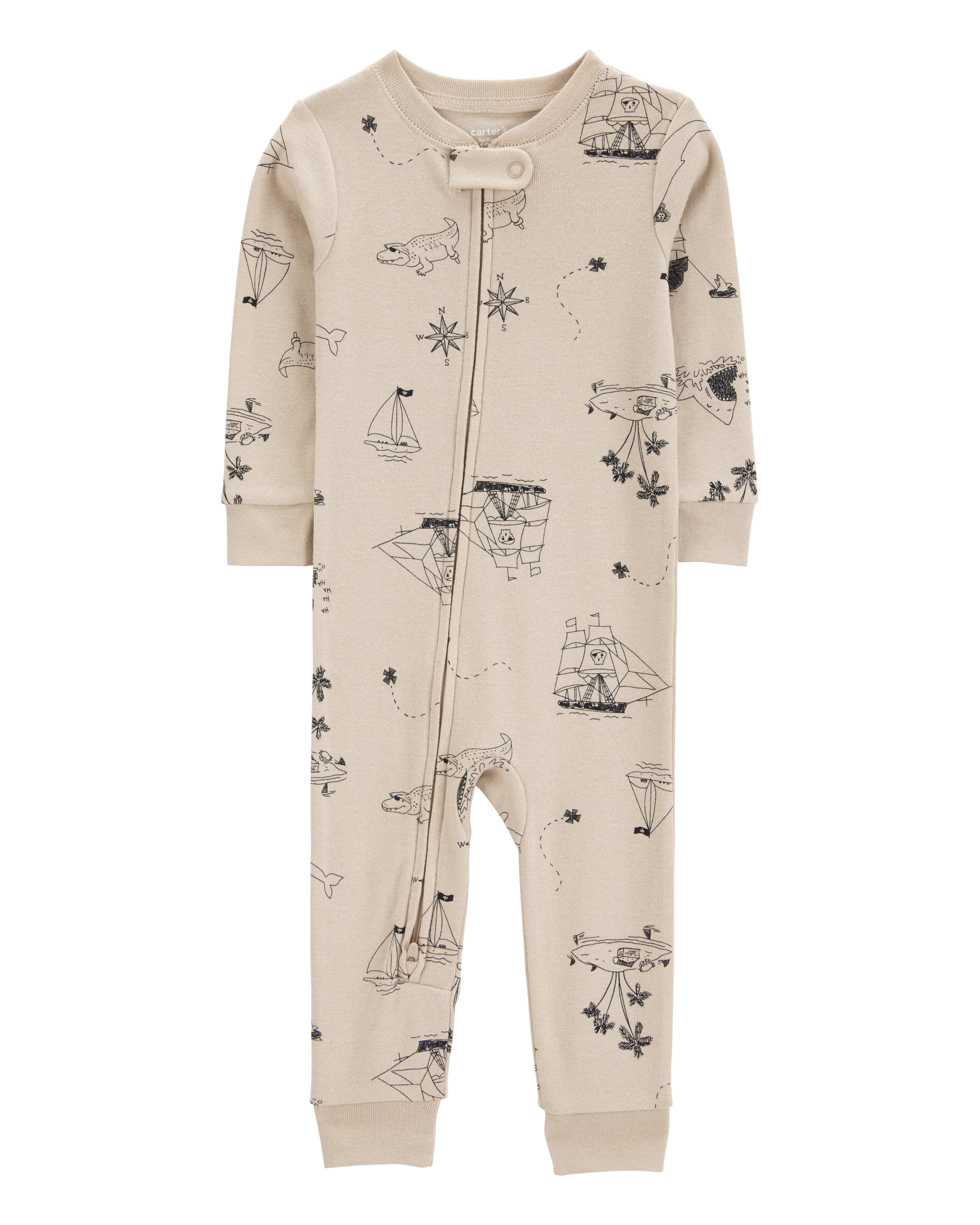 Toddler Boy Pirate Boat Snug Fit Cotton Footless 1-Piece Pajamas - Khaki