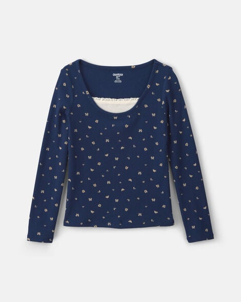Girls Floral Long-Sleeve Top - Navy Blue