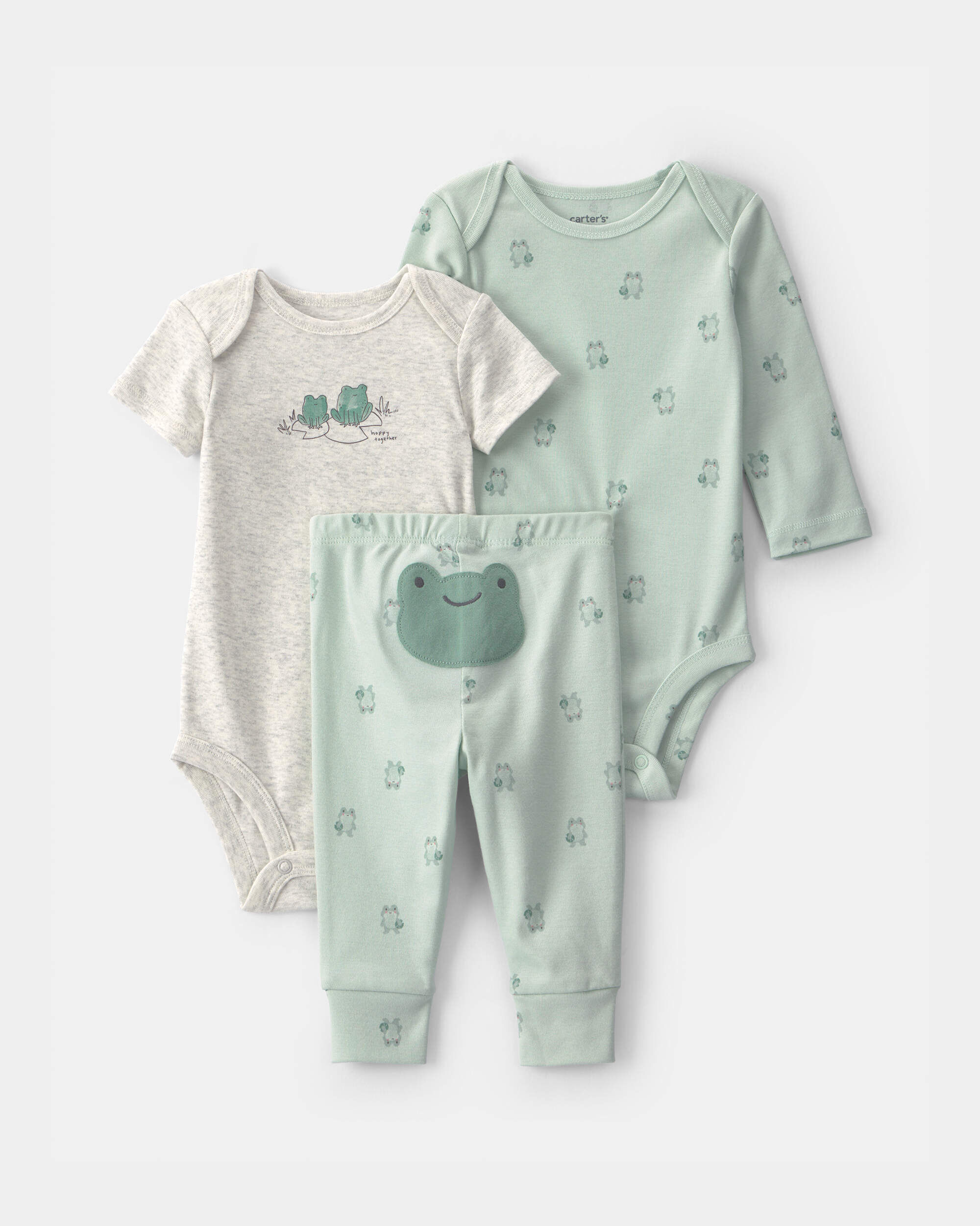 Carter's baby 3-piece frog bodysuit & pant set 12M Green/Grey
