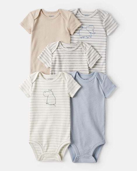 Image of Baby Boy 5-Pack Hippo Multipack Bodysuits - Brown/Blue/White