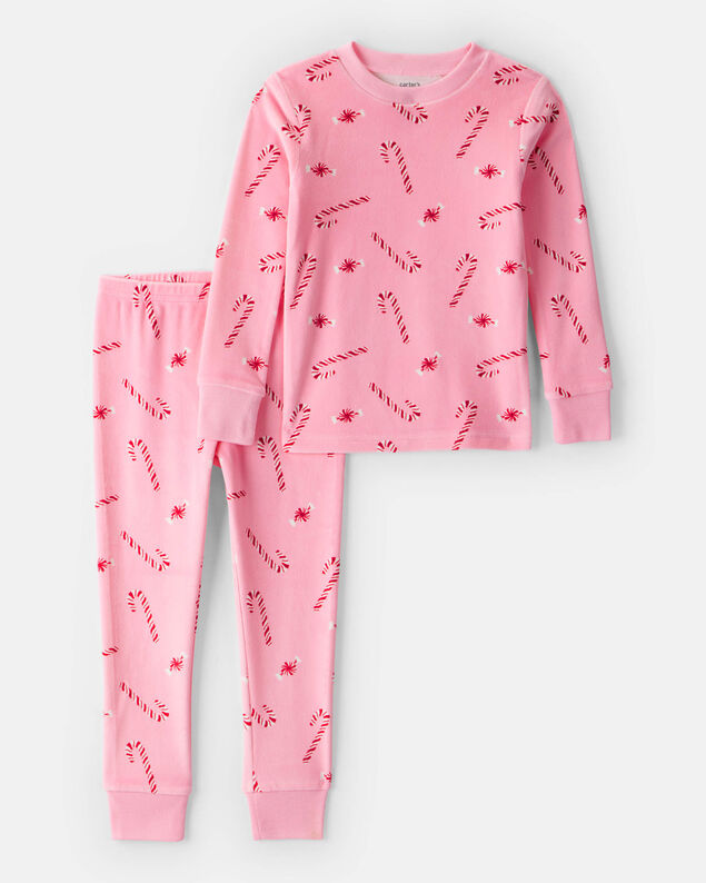Product image 1 of Toddler Girl Peppermint Print Velour Long-Sleeve Snug Fit 2-Piece Pajamas - Pink