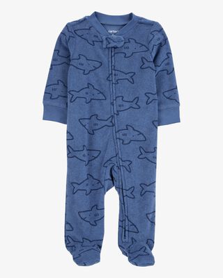 Product image 1 of Baby Shark Print 2-Way Zip Terry Sleep & Play Pajamas - Navy