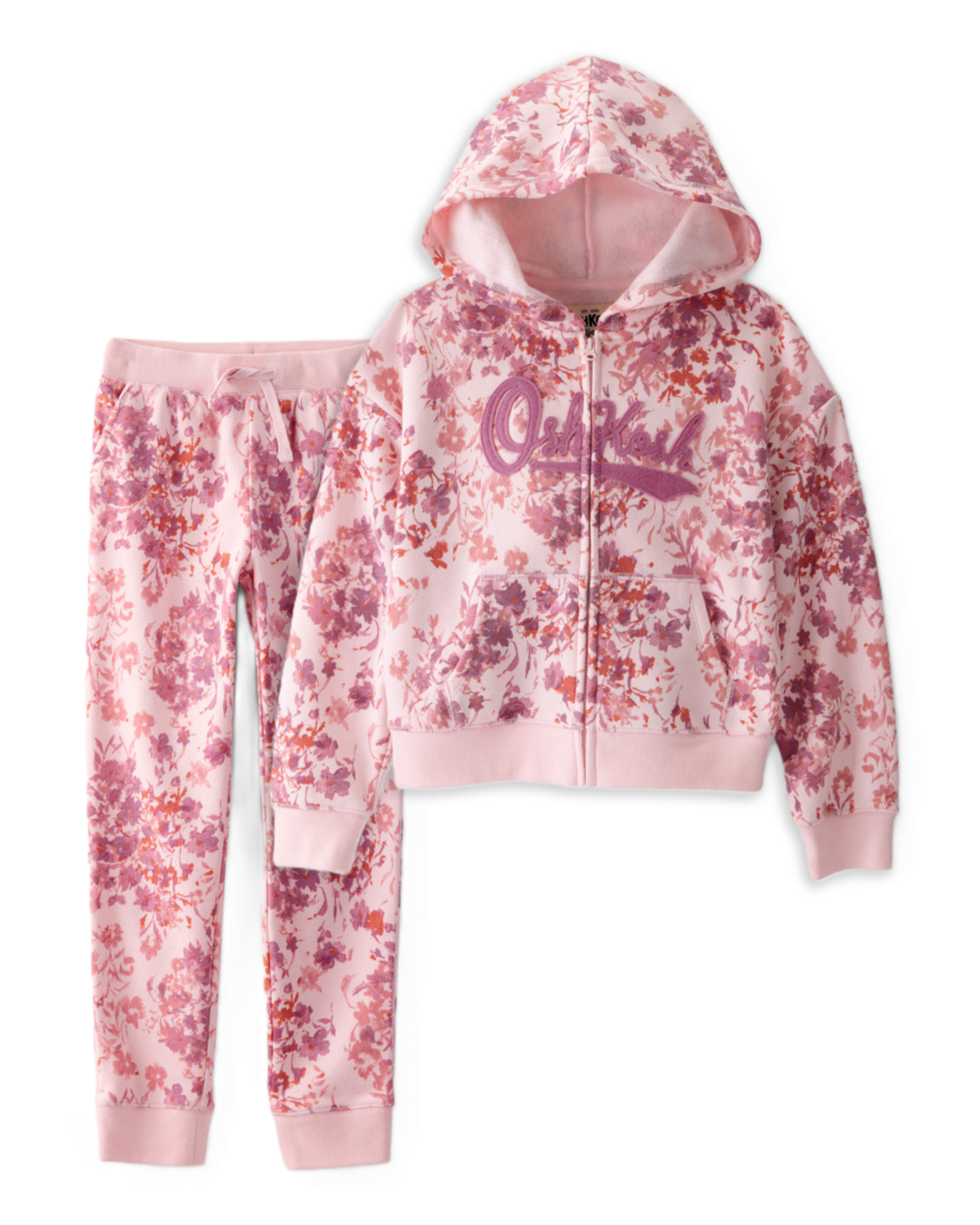 Girls 2-Piece DayDream Fleece Floral Hooded Zip-Up Jacket & Joggers Set - Pink