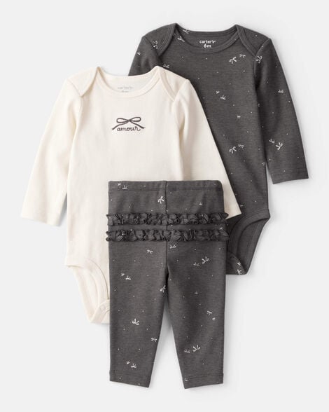 baby girl bow print bodysuit & pant set - grey