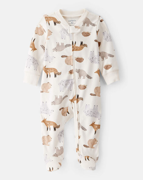 baby boy fox print 100% cotton long-sleeve sleep & play pajamas - ivory