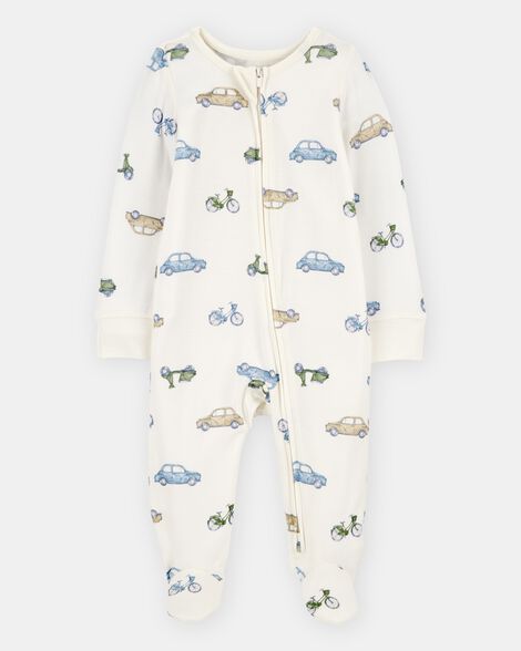 baby boy car print 2-way zip purelysoft sleep & play pajamas - ivory