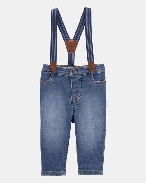 Baby Knit-Denim Suspender Pants - Blue